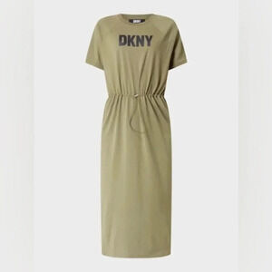 DKNY Logo Drawstring Waist Jewel Neck Short Sleeve Knit Midi Dress NWT